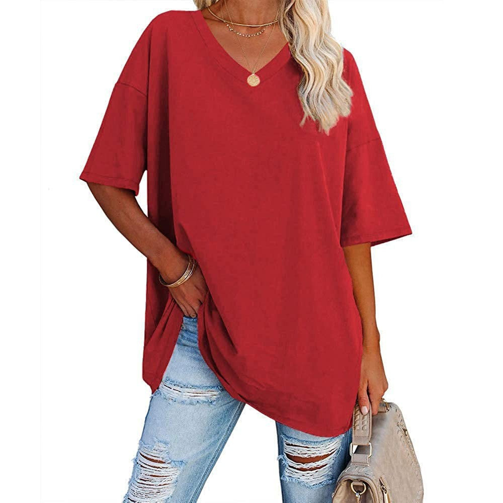 Casual and loose V-neck T-shirt for women
