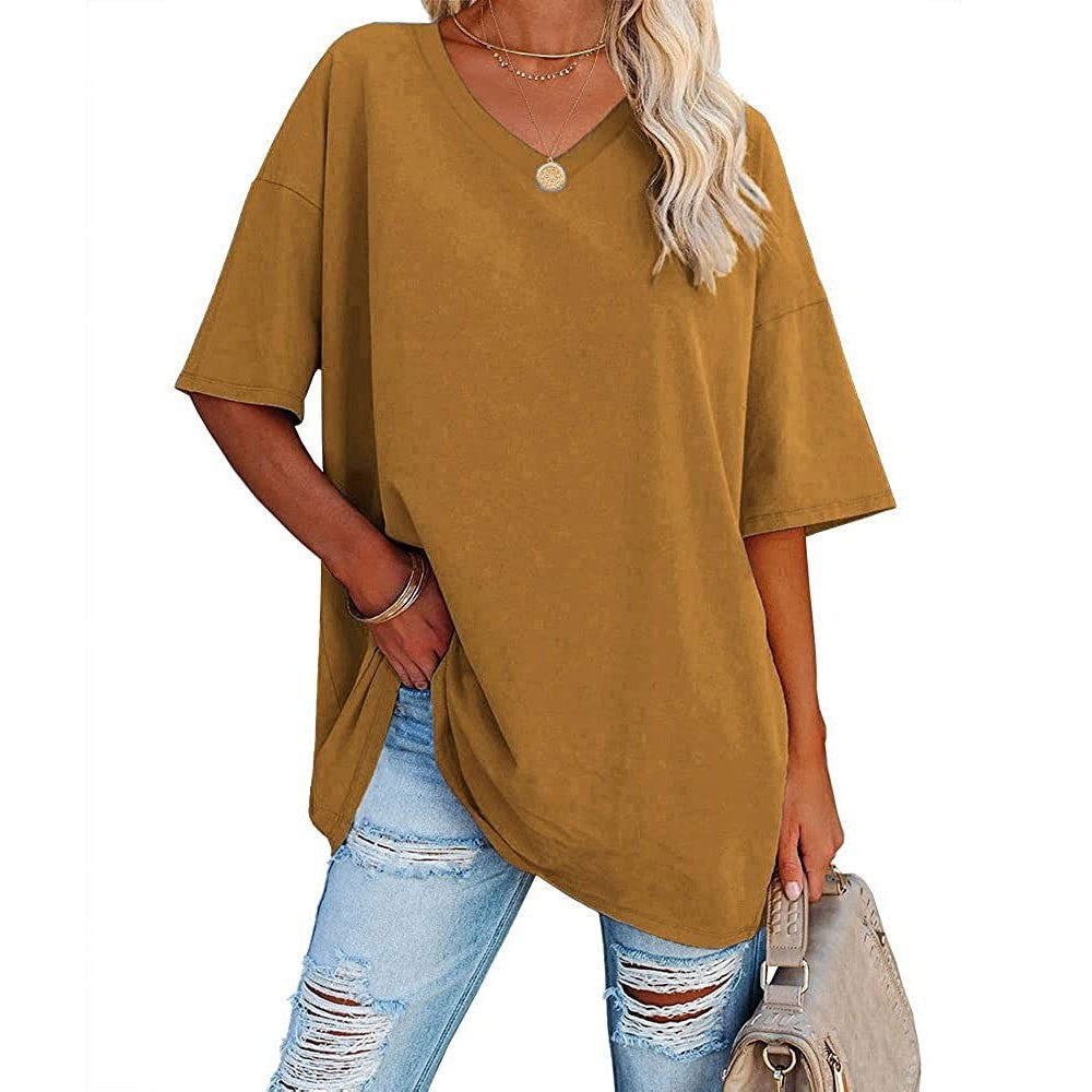 Casual and loose V-neck T-shirt for women